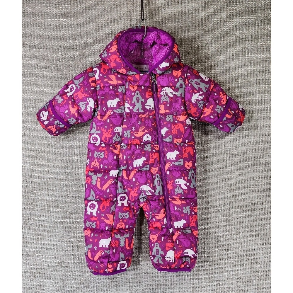 Columbia Insulated Baby Snowsuit 3-6 MO Purple Hooded Forest Animals Sasquatch